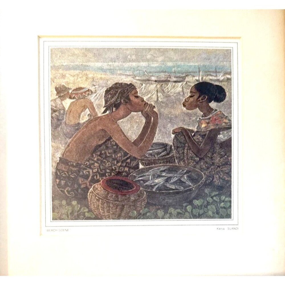 Framed Art Print Beach Scene By Indonesian Artist Suandi 10.5x11” Folk Art